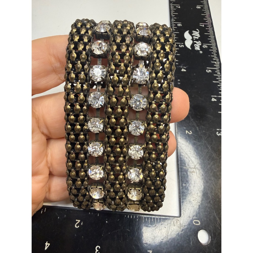 Antique Brass Tone Mesh Rhinestone Cuff Bracelet Wide Statement Clasp